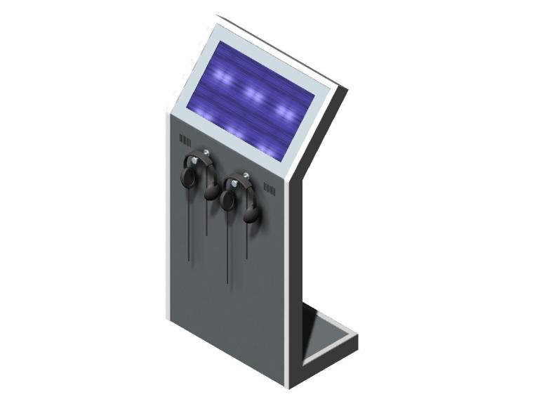 Angled video terminal with headphones