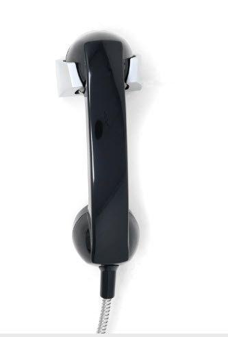 Telephone receiver with armored tube, hooked in